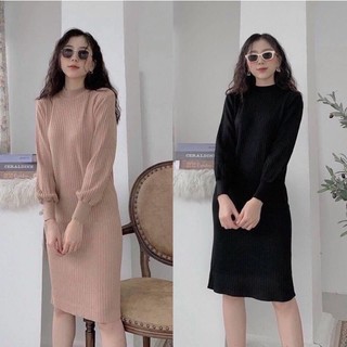 Váy len tay bồng dáng suông chất len tăm mịn cổ cao, Đầm nữ dài cổ tròn mùa thu đông 3 màu Vasing | VATOS2.1