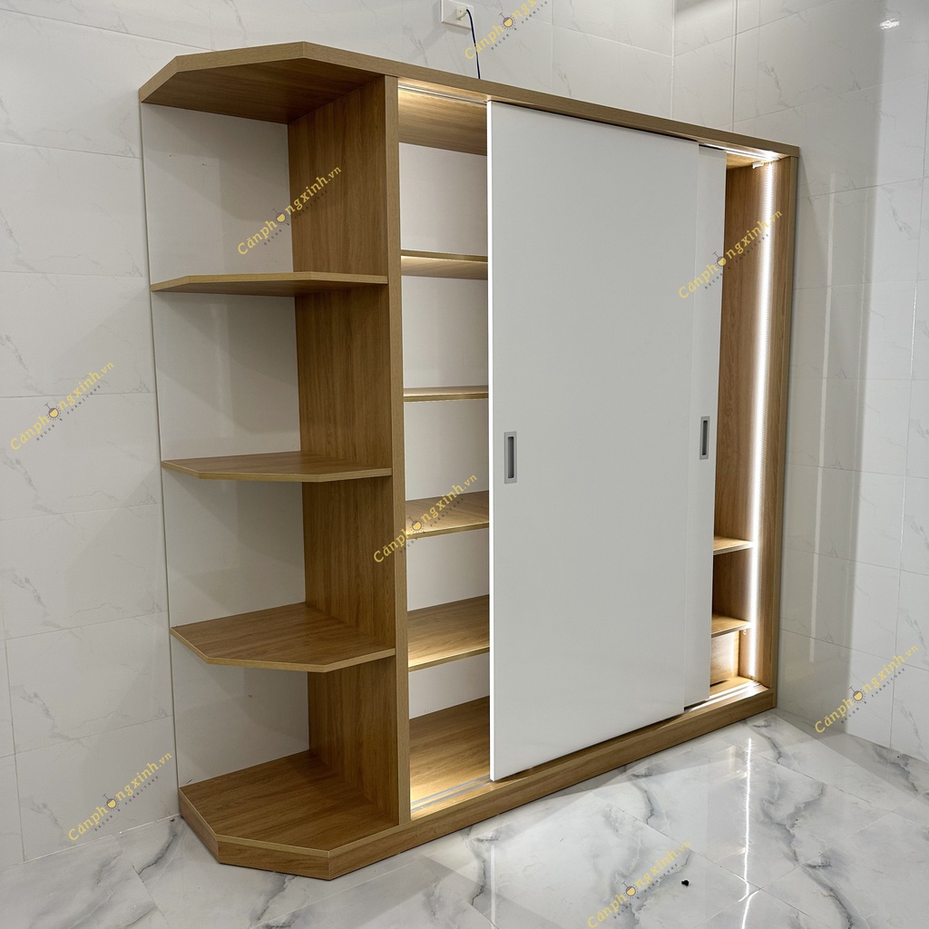 Tủ quần áo, tủ cửa lùa có kệ xéo, có led cảm biến đóng mở, gỗ cn MDF, CPX-T50