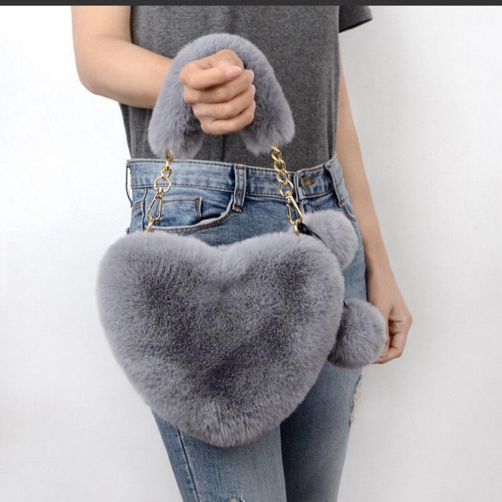 Túi Xách Đeo Vai Hình Trái Tim Lông Nhung - Túi Đeo Chéo Gấu Bông Dây Xích