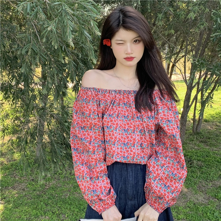 Áo Kiểu Trễ Vai Dài Tay In Hoa Thời Trang Cho Nữ