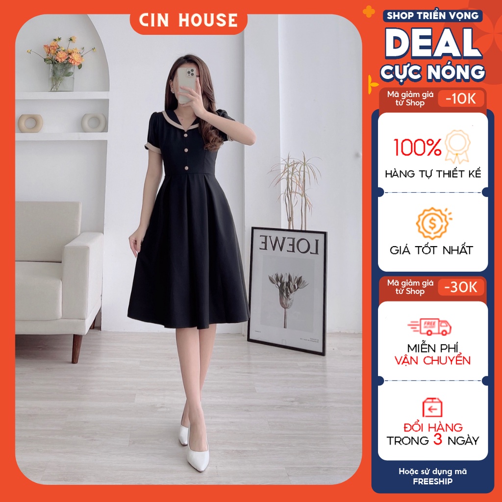 Đầm công sở nút bọc viền cổ Gray C962 CINHOUSE