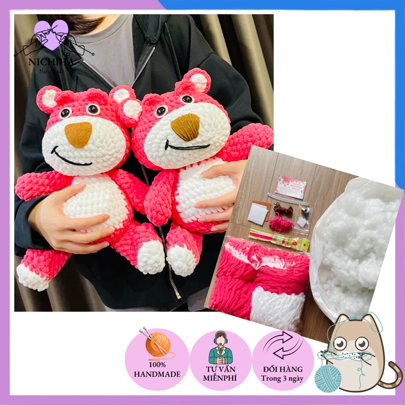 DIY Gói Nguyên Liệu Móc Len Gấu dâu Lotso , Dễ Thương- Quà Tặng Handmade Tự Làm Ý Nghĩa [Có hướng dẫn