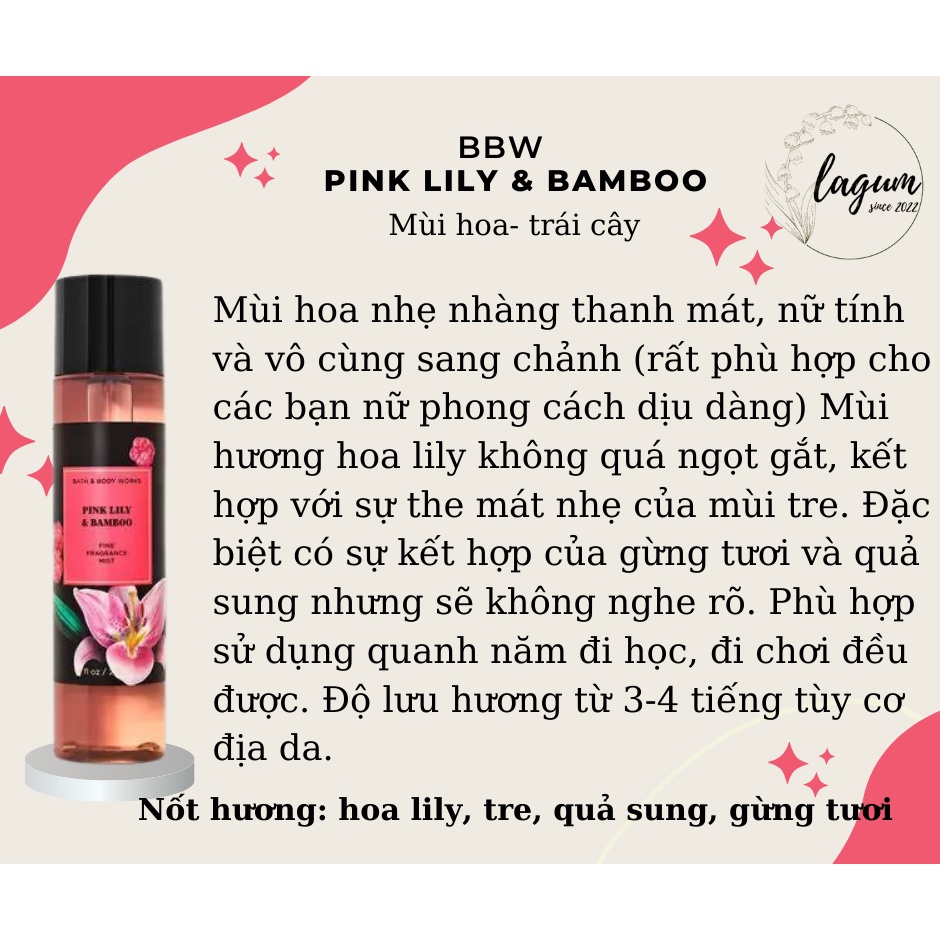 Xịt thơm bodymist cơ thể BathandBodyworks 03 mùi mới
