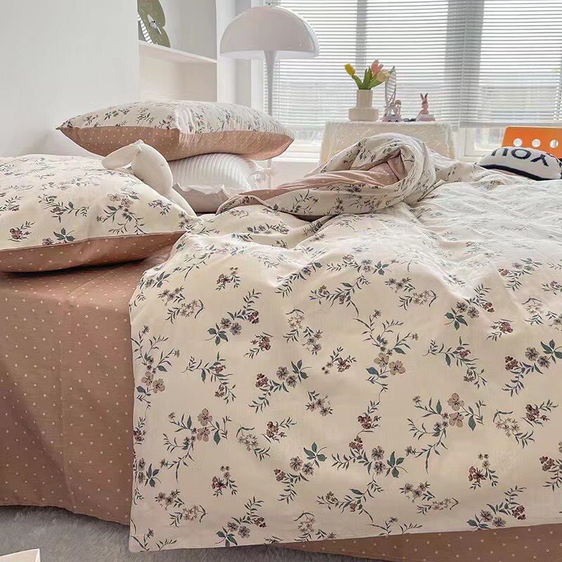 Chăn Ga Gối Cotton Living " Hồng Kẻ Đen " - Bộ Chăn Ga Gối Cotton 100% Nhập Khẩu 4 món
