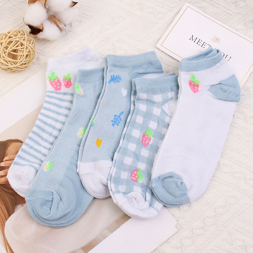 Bộ 5 Đôi Vớ Cotton Mỏng Mềm Mại Thoáng Khí Phong Cách Hàn Quốc Cho Nữ