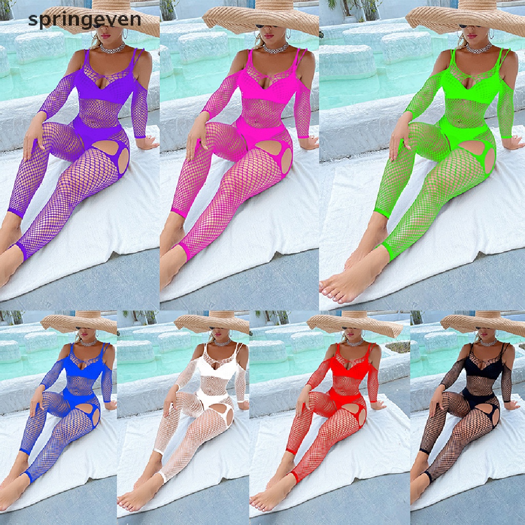 Bộ Áo Liền Quần Lưới Cá Tay Dài Hở Đáy Trong Suốt Quyến Rũ Cho Nữ