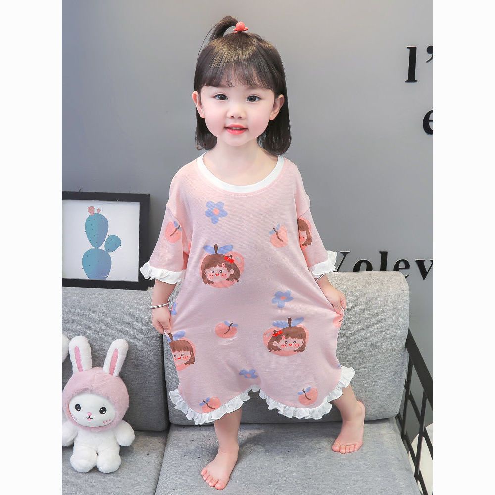 Đầm Ngủ Liền Thân Vải Cotton Mỏng Thoáng Khí In Hoạt Hình Dễ Thương Cho Bé Gái