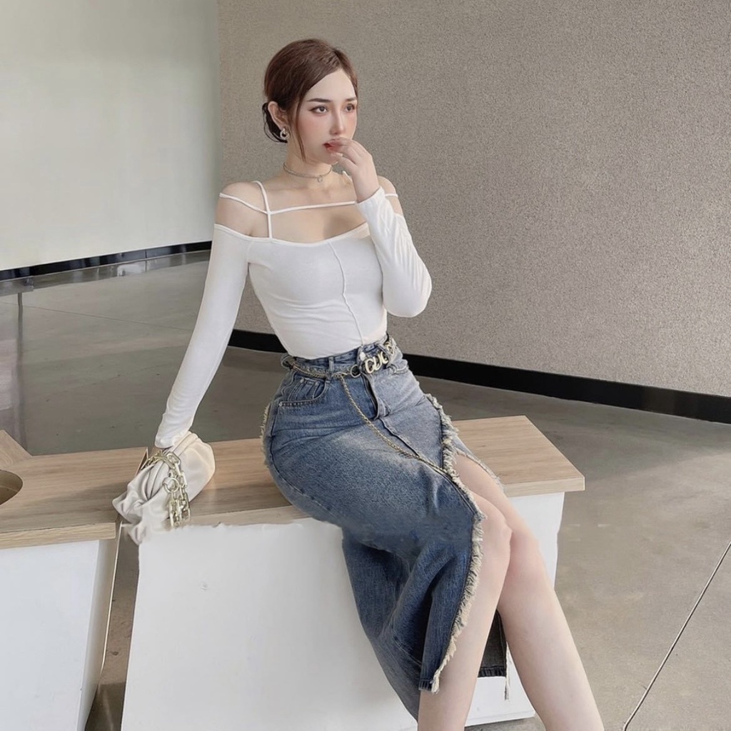 Chân Váy Jeans Nữ Lưng Cao Tua Viền Chiều Dài Qua Gối Chất Vãi Dày Dặn