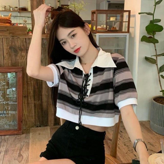 Áo Thun Cotton polo croptop Kẻ Sọc Trắng Đen Phong Cách Hàn Quốc Cho Nữ