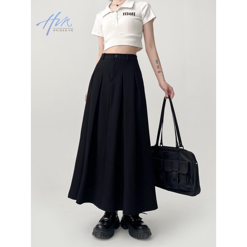 Chân Váy Chữ a Dáng Dài Xếp Ly Lưng Cao Màu Đen Thời Trang Xuân Thu Cho Nữ
