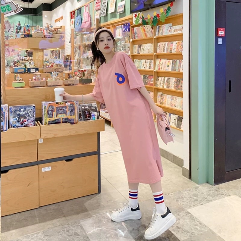 Váy suông, đàm xuông nữ cổ tròn màu hồng có hoạ tiết số 6 chất cotton dáng dài freesize