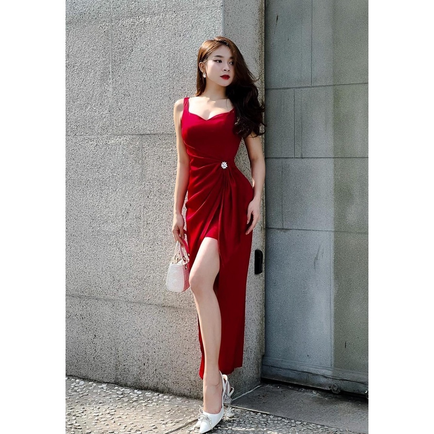 Đầm tiểu thư dáng dài sexy 2 dây tôn dáng xẻ tà cực đẹp, chất vải phi cao cấp