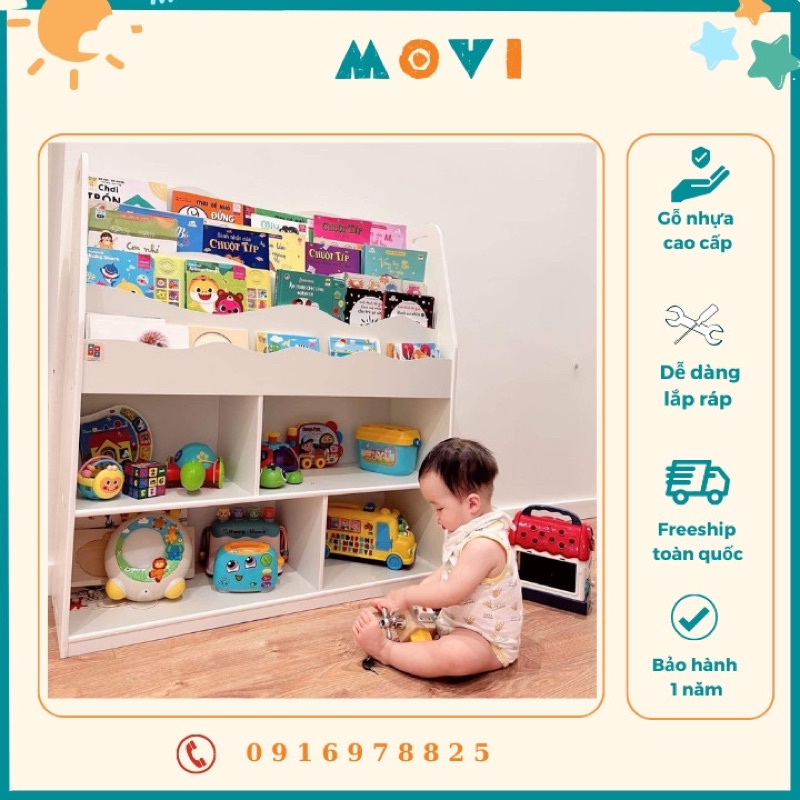 Kệ sách cho bé, kệ đồ chơi, giá sách gỗ 4 tầng, giá sách kết hợp kệ đồ chơi Montessori cho bé KS05