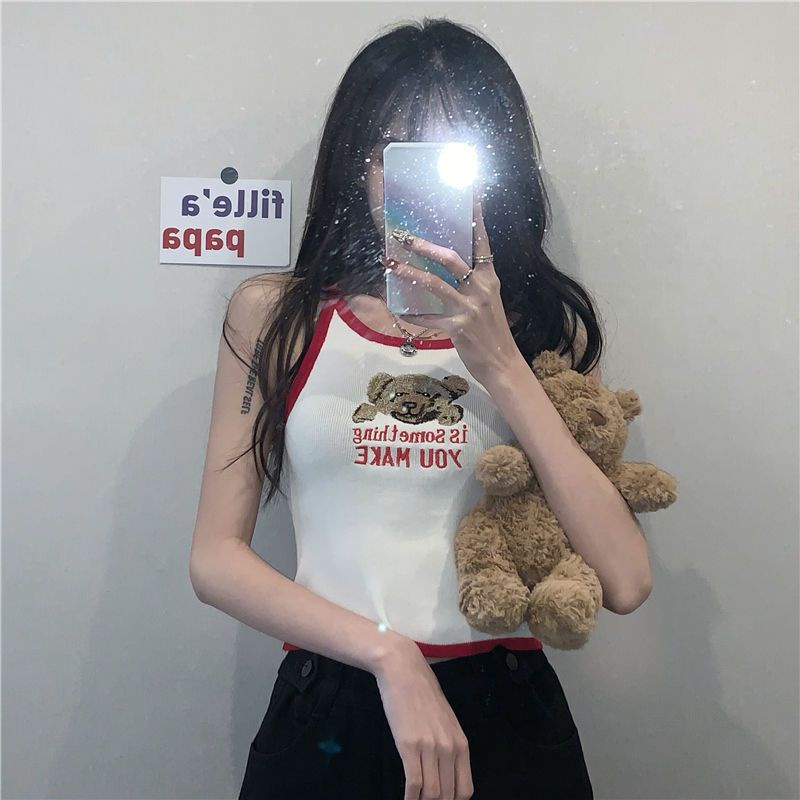 COZOKC COZOK Áo Sát Nách Ngắn In Hình Gấu Thời Trang Hàn Quốc