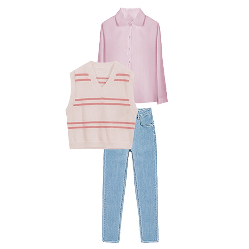 Set Áo Sơ Mi Tay Dài Kẻ Sọc Dáng Rộng + Áo Khoác Jean Không Tay Thiết Kế Mới Thời