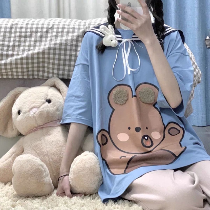 Áo Thun Nữ Ngắn Tay Cổ Tròn In Hình Gấu Dễ Thương