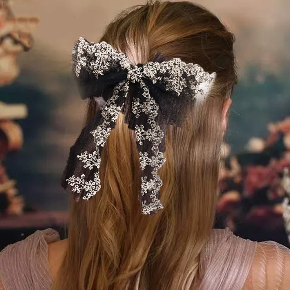 AROMA Kẹp Tóc Hình Nơ Phối Lưới Họa Tiết Hoa Xinh Xắn Phong Cách Hàn Quốc