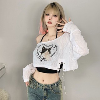 Kaisike Set Áo Thun Tay Dài Chống Nắng + Áo Hai Dây Dáng Rộng In Họa Tiết Mèo Phối Dây Xích Thời Trang Cho Nữ