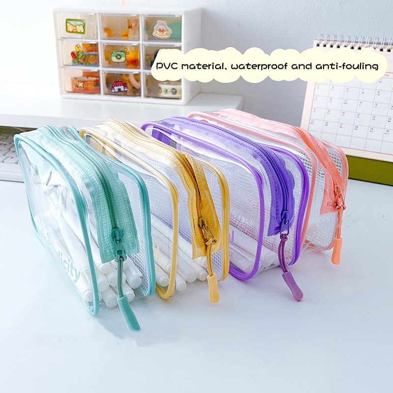 Túi Đựng Bút Bằng PVC Trong Suốt Chống Thấm Nước In Họa Tiết Kẻ Sọc Đơn Giản Thời Trang