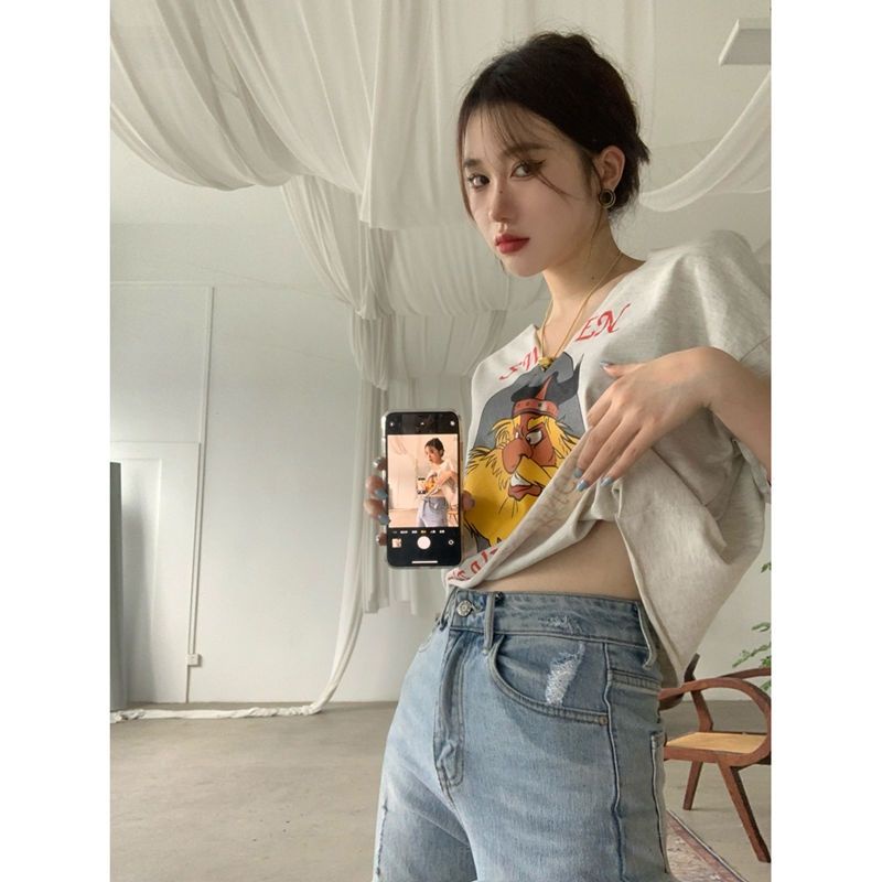 Jiashucheng Áo Thun Ngắn Tay Cổ Chữ V Form Rộng Phong Cách Retro Mỹ