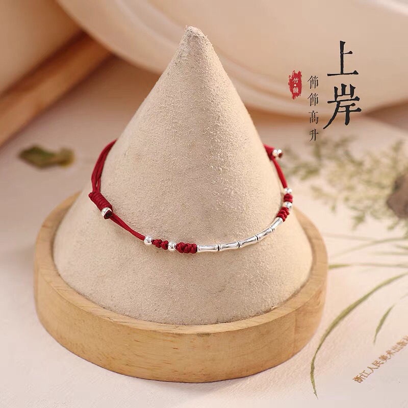 Vòng Đeo Tay Bạc S925 Dây Bện Bằng Tre Màu Đỏ Dành Cho Nữ