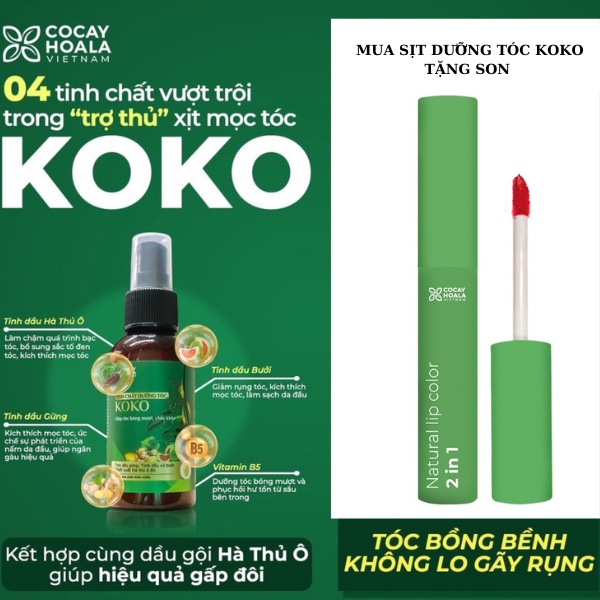 Xịt dưỡng tóc KOKO 100ML phục hồi kích thích mọc tóc tặng Son kem lì cà chua hữu cơ Cocayhoala