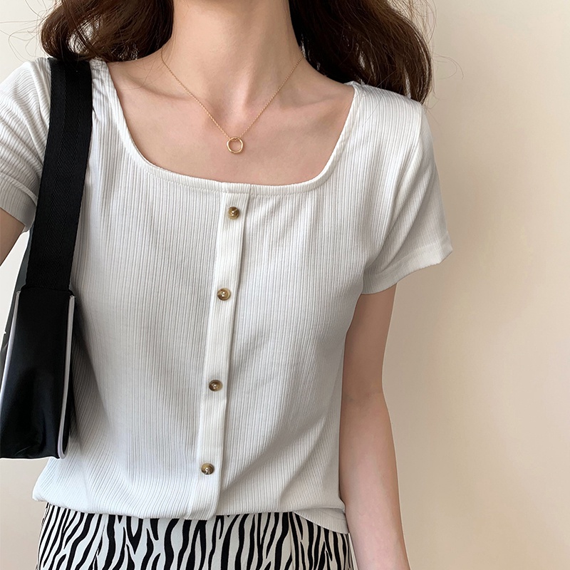 Áo Thun Dệt Kim Tay Ngắn Cổ Vuông Màu Đen Cài Nút Thời Trang Mùa Hè Xinh Xắn Cho Nữ