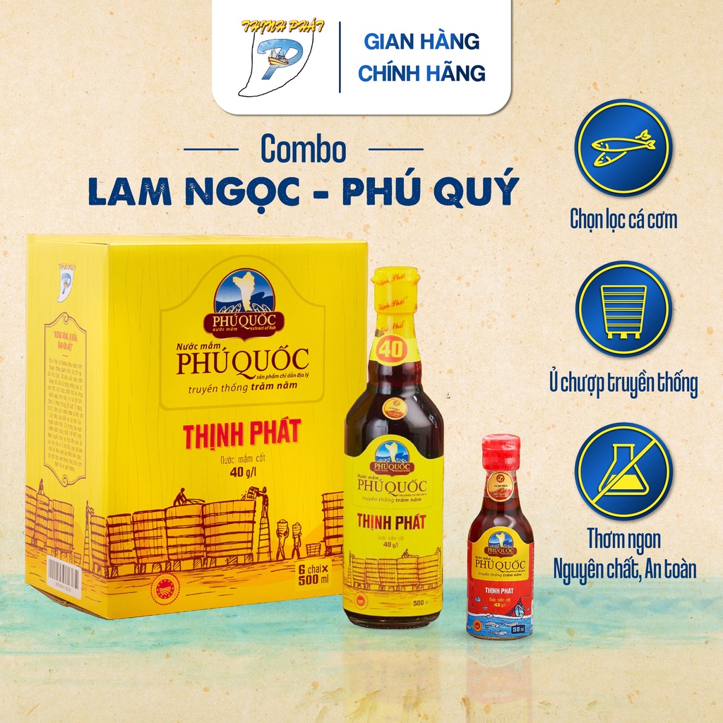 Combo 6 chai nước mắm truyền thống Thịnh Phát Lam Ngọc 500ml 40 độ và 1 chai Phú Quý 50ml 43 độ từ cá cơm