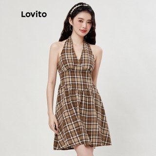 Lovito Dây chuyền kẻ sọc Preppy Vẽ lại một đường kẻ Váy nữ L33ED065 (Cà phê)