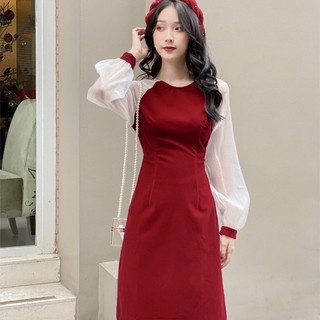 Áo dài du xuân , áo dài cách tân thân nhung đỏ cao cấp-vững trần