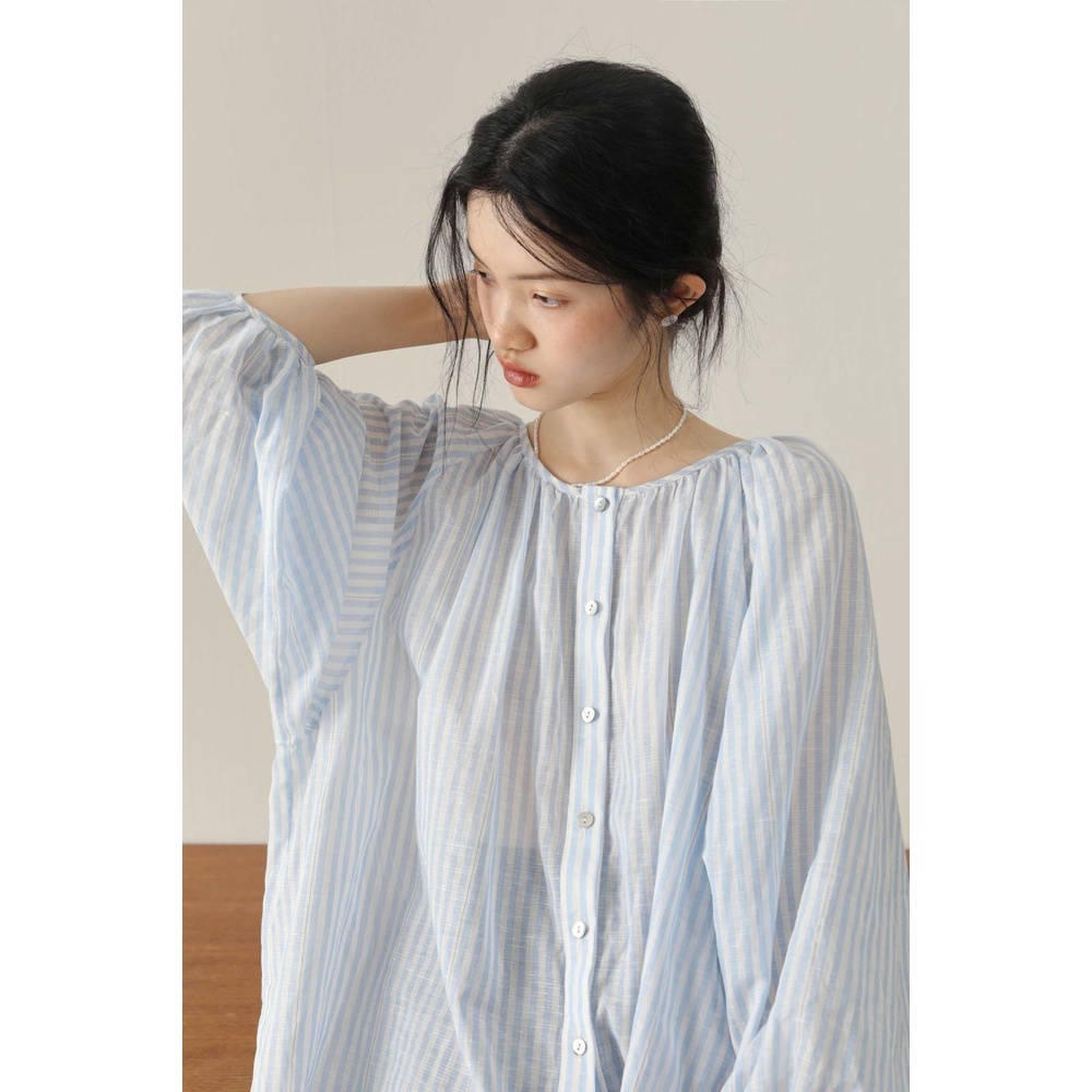 [Spot] Áo Sơ Mi Dáng Rộng Họa Tiết Kẻ Sọc Đơn Giản Ngọt Ngào Thời Trang Hàn Quốc