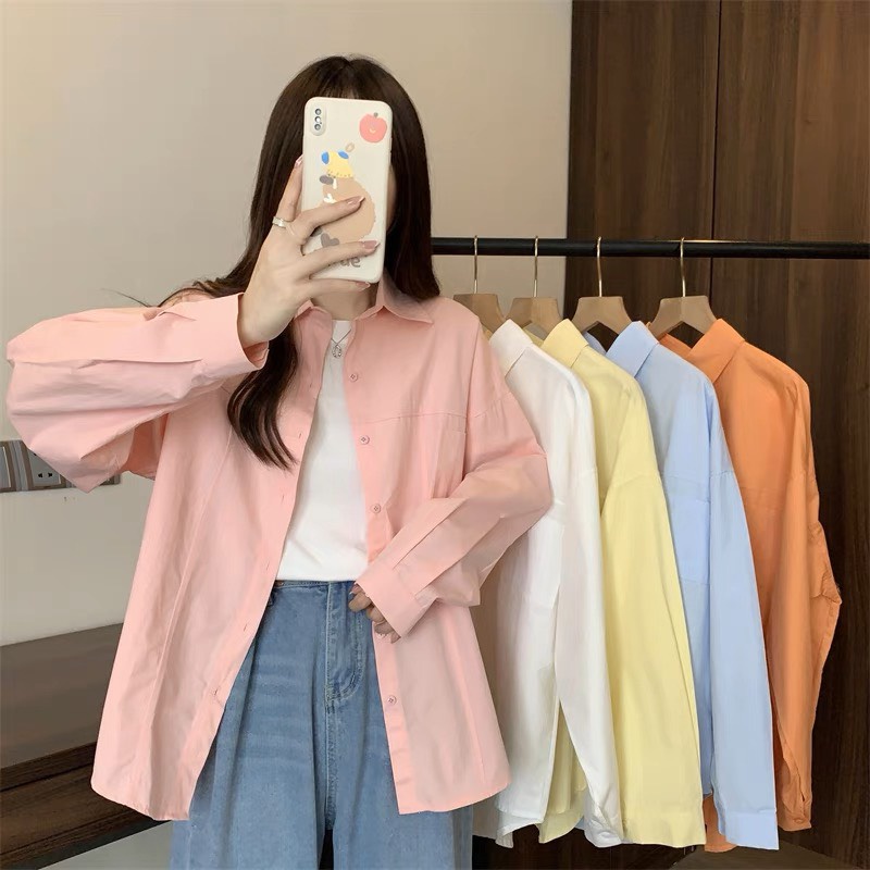 Áo sơ mi nữ dài tay form rộng ulzzang kiểu hàn basic màu trắng, xanh, nâu, vàng, tím dễ phối đồ