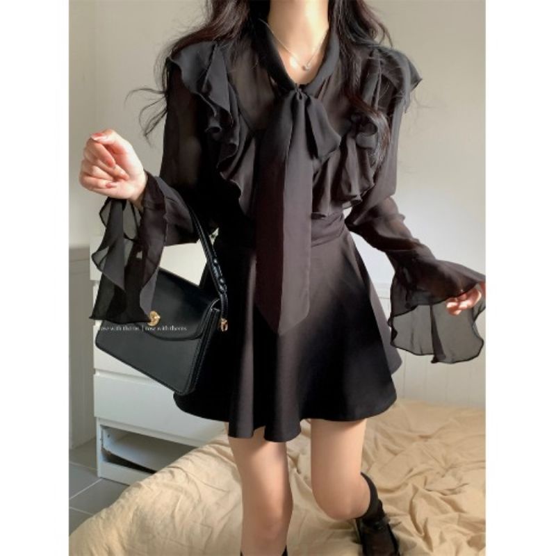 Set Áo Sơ Mi Dài Tay Cổ Chữ V + Chân Váy Đen Thời Trang Nữ