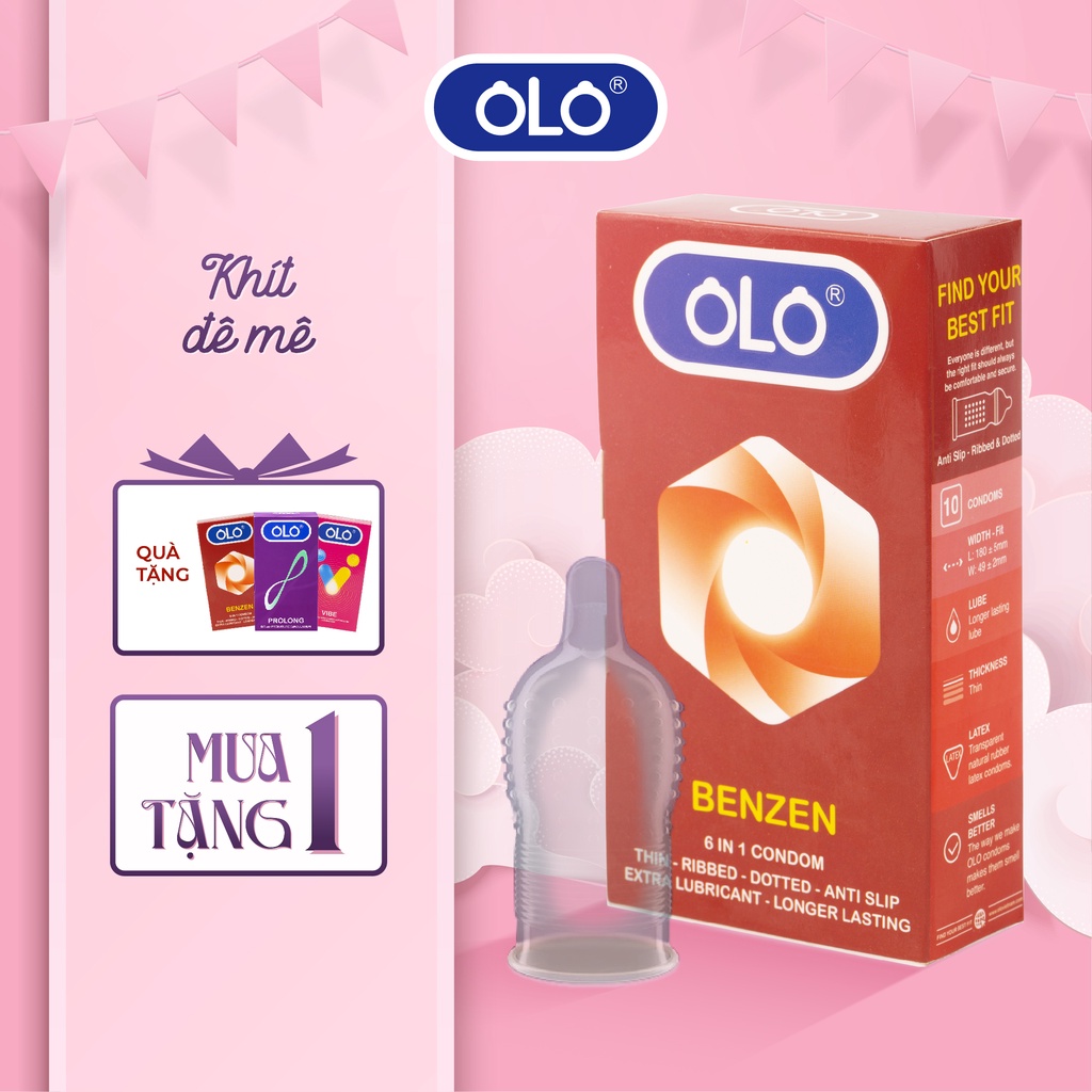 Bao cao su OLO Benzen 6 in 1 hộp 10 cái - size 49 mm, kéo dài thời gian, hương socola, hạt gân gai đẳng cấp