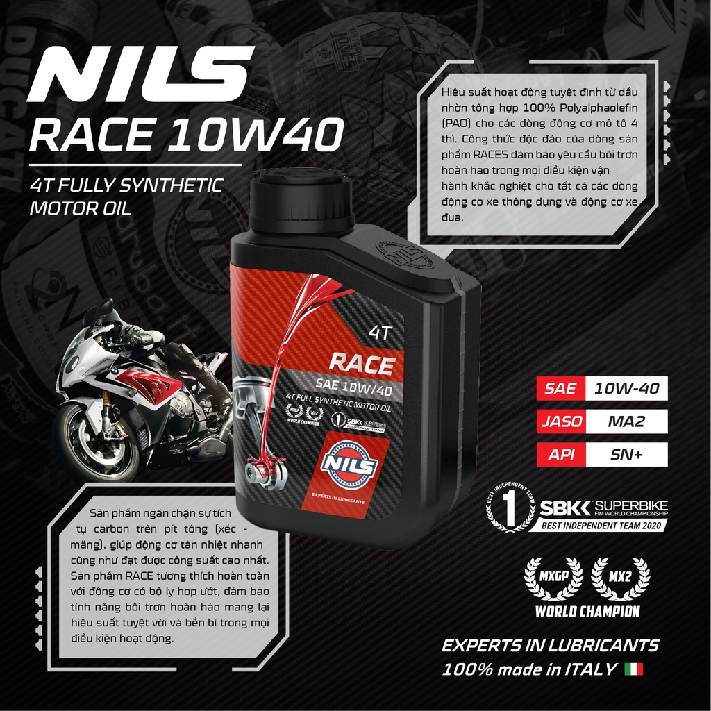 Nhớt Nils Racing 10w40 1L - 100%  tổng hợp - LINH TON STORE - 350A TRỊNH ĐÌNH TRỌNG, HOÀ THẠNH, TÂN PHÚ