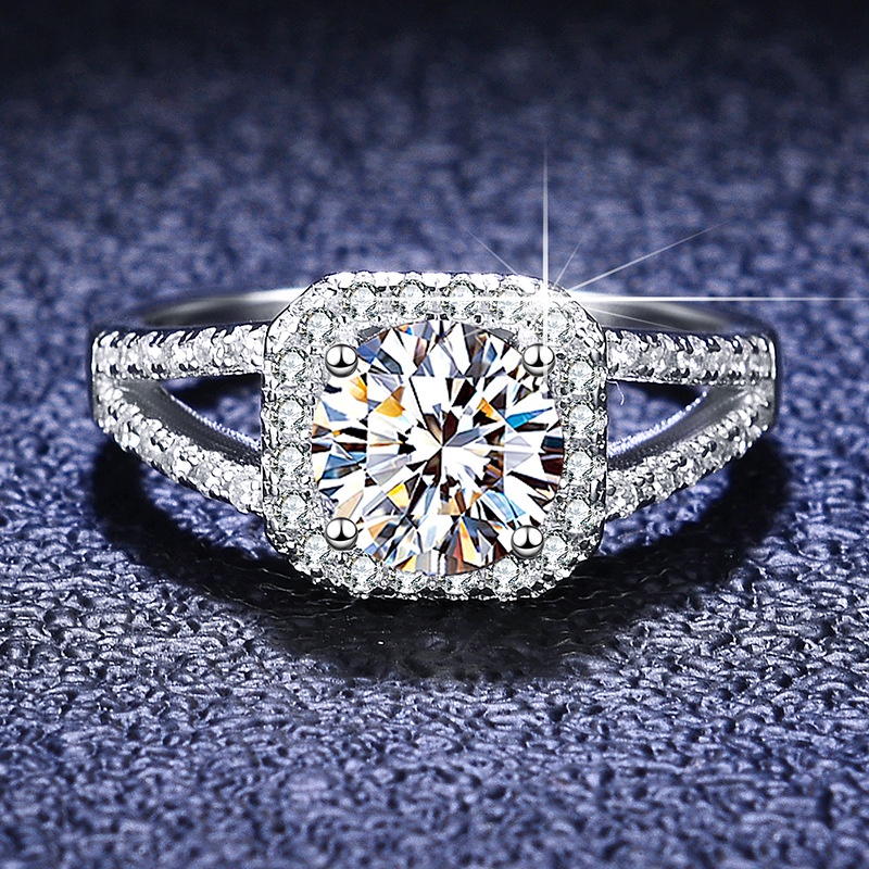 Moissanite Kim cương (6.5mm) Nhẫn nữ 925 bạc 1CT D màu Mosan thạch có thể vượt qua bút kim cương có giấy chứng nhận xác nhận nhẫn vuông nhẫn kim cương