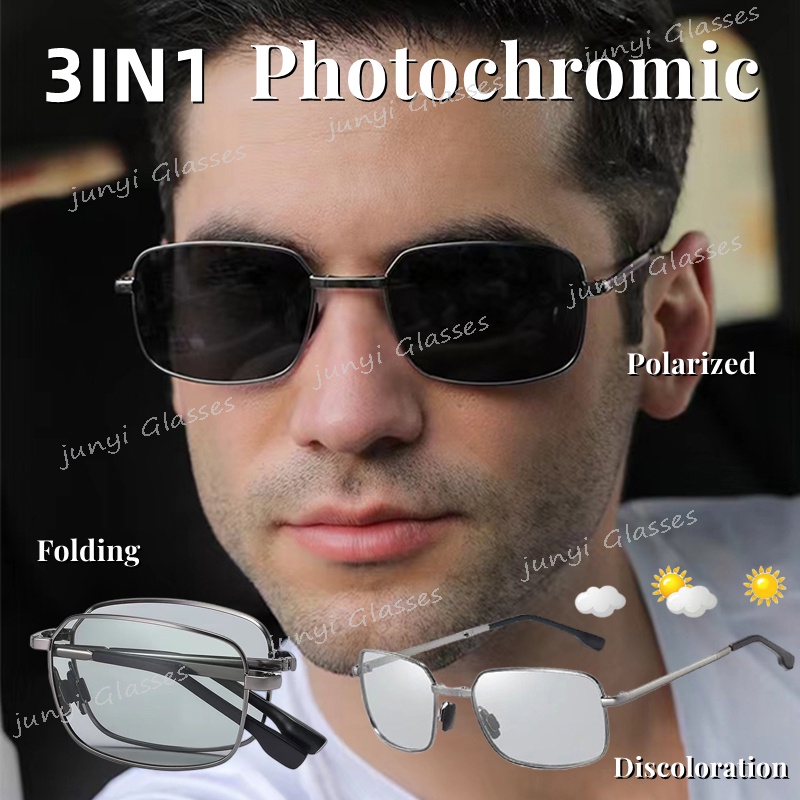 Kính Chống Nắng Phân Cực Mặt Vuông Gọng Kim Loại Dạng Gập Cho Nam