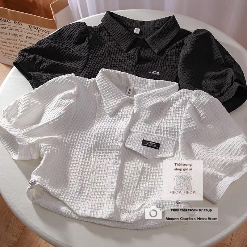 Áo sơ mi Xốp croptop vai phồng dây rút hông phối nắp túi gắn logo Ulzzang siêu đẹp