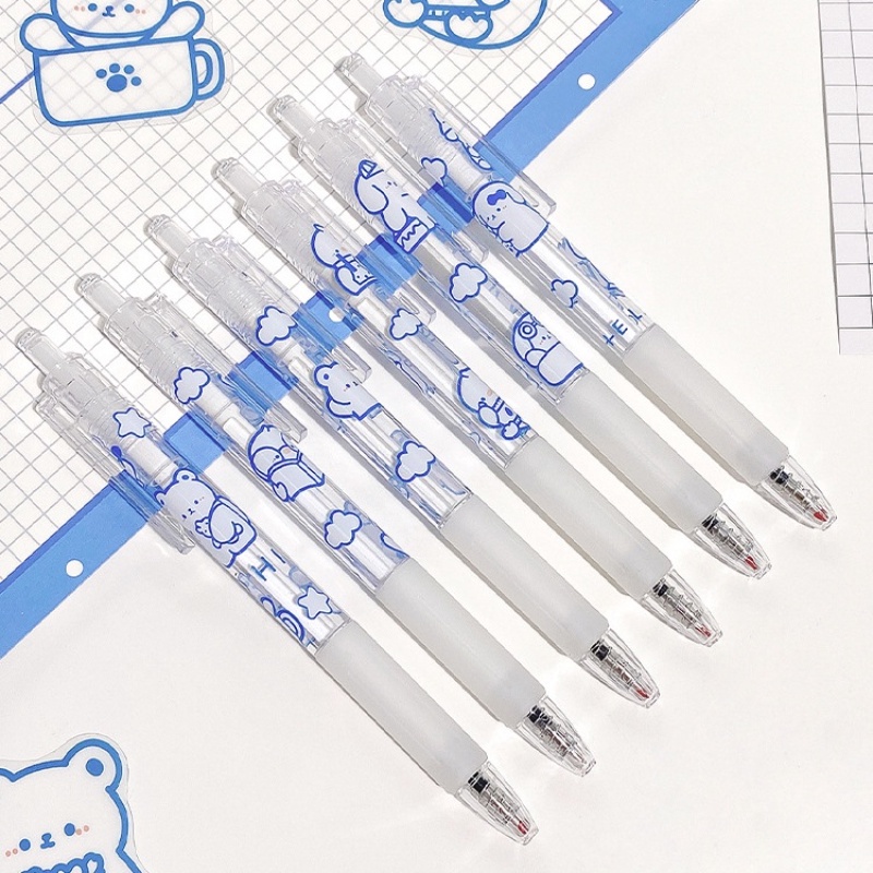 Set 6 Bút Mực Gel Ngòi 0.5mm Trong Suốt In Hình Gấu Dễ Thương