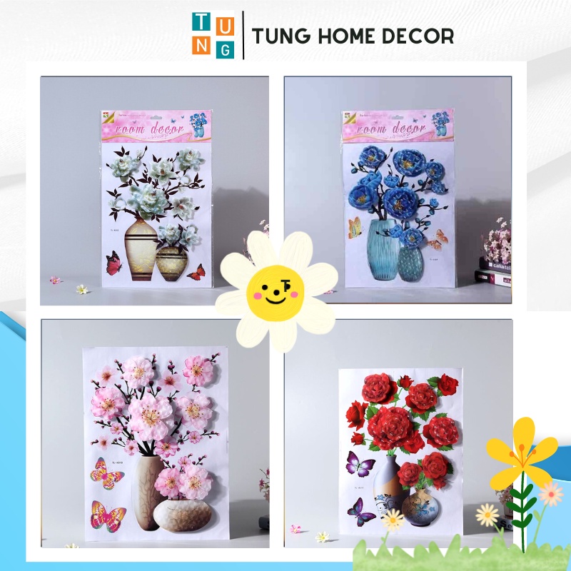 Combo 4 tấm Decal Bình Hoa 3d- Tranh Nổi dán tường 3d 12 mẫu sẵn keo dán