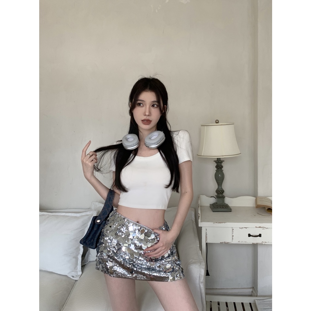 Đầm Thun Ngắn Tay Dáng Chữ A Lưng Thấp Màu Trơn Thời Trang Mùa Hè Quyến Rũ Cho Nữ