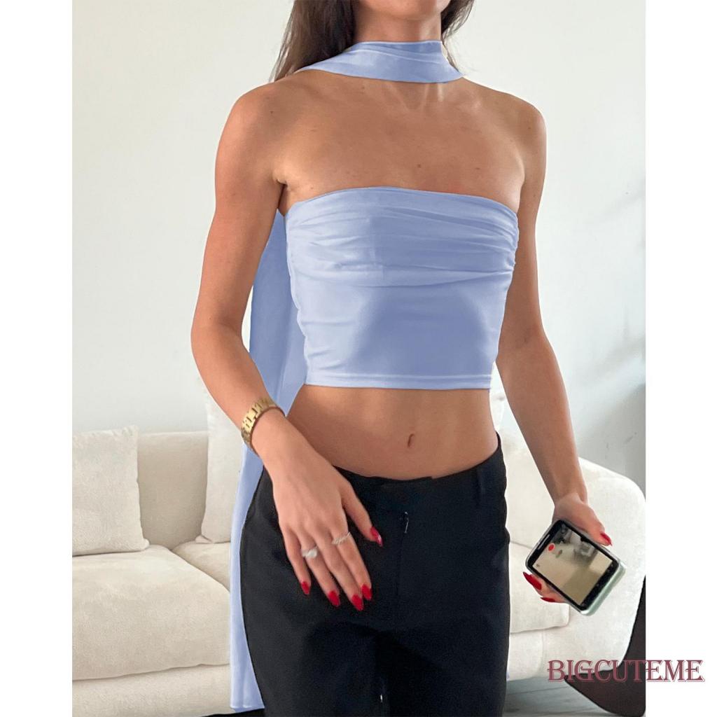 Áo Croptop Trễ Vai Không Tay Hở Lưng Màu Sắc Đơn Giản Thời Trang Mùa Hè Dành Cho Nữ