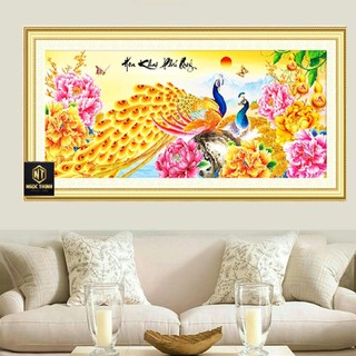 Tranh đính đá hoa khai phú quý KT:110x50cm,Tranh chưa đính đá và chưa khung