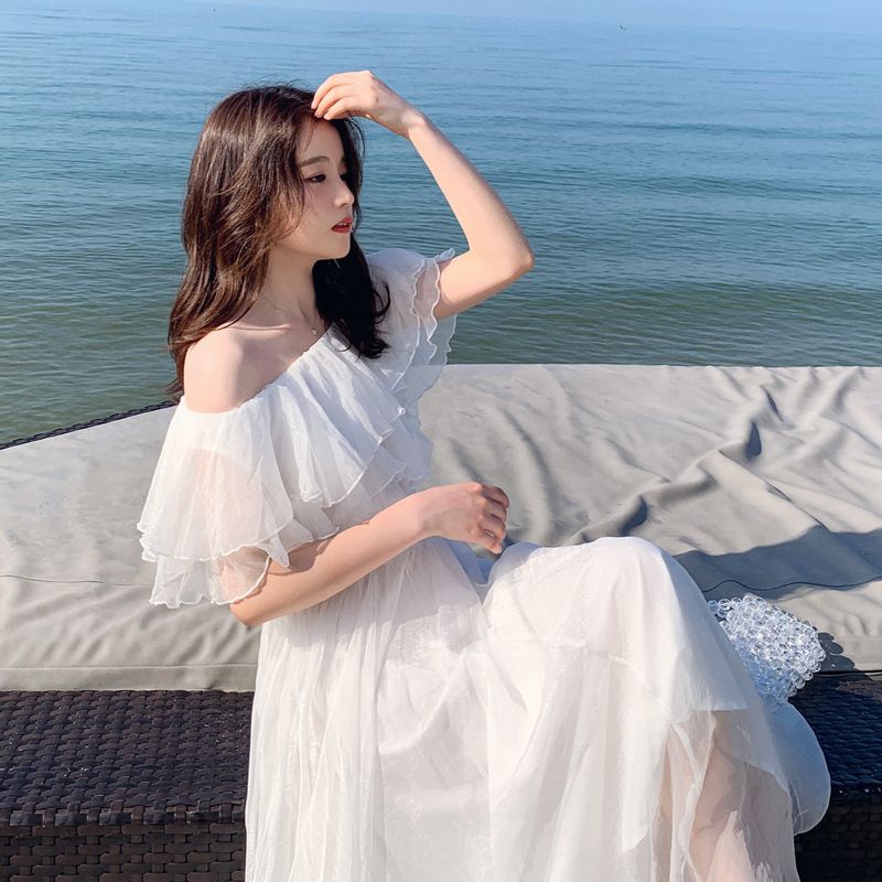 IELGY Đầm chiffon Hở Vai Dễ Phối Đồ Thời Trang Đi Biển Cho Nữ