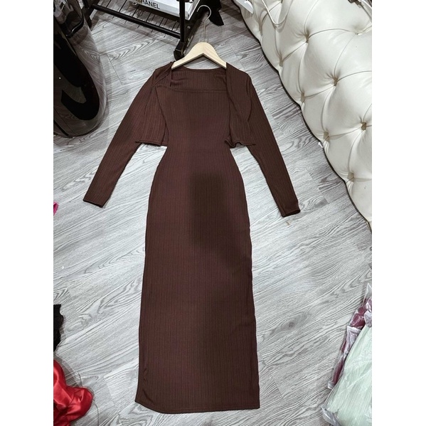 Set Đầm Ống Dài Xương Cá Kèm Khoác Cadigan