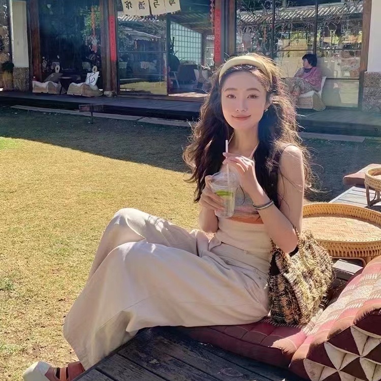 SUXI Áo Hai Dây Dệt Kim Hở Lưng Họa Tiết Kẻ Sọc Thời Trang Mùa Hè