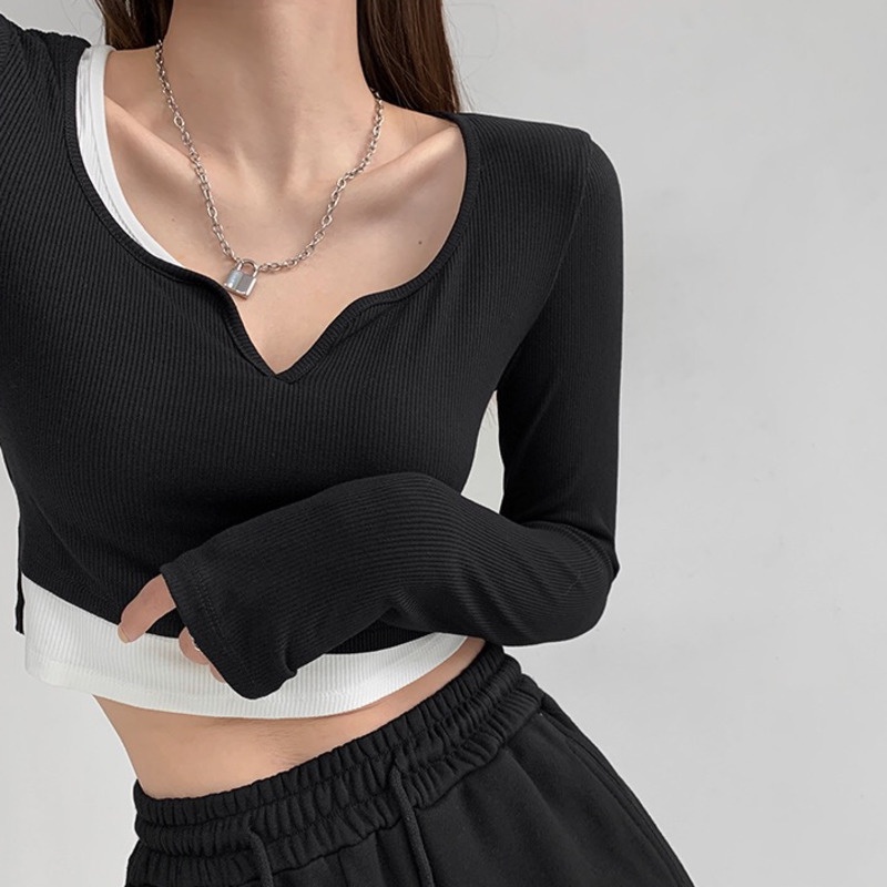 Áo Thun Tay Dài Giả Hai Lớp Màu Sắc Tương Phản Phong Cách Hàn Quốc