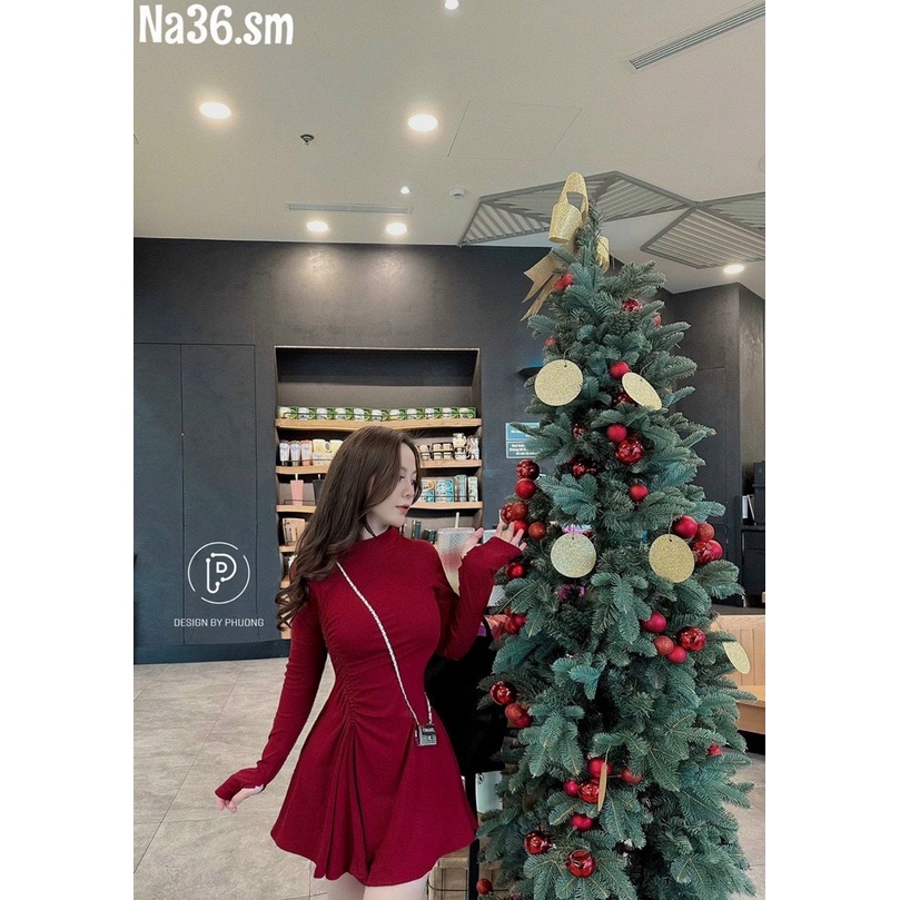 Đầm cổ tròn tay dài dáng ngắn xòe rút dây 1 bên eo cực hot , chất thun gân dày dặn lt