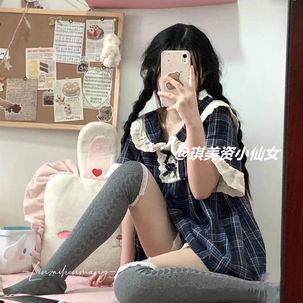 Bộ Đồ Ngủ Ngắn Tay Họa Tiết Ca Rô Phối Ren Xinh Xắn Theo Phong Cách Xuân Hè Hàn Quốc Dành Cho Nữ