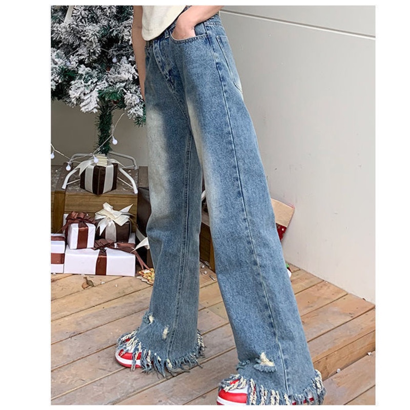 Quần Denim Dài Ống Rộng Phong Cách Retro Hàn Quốc